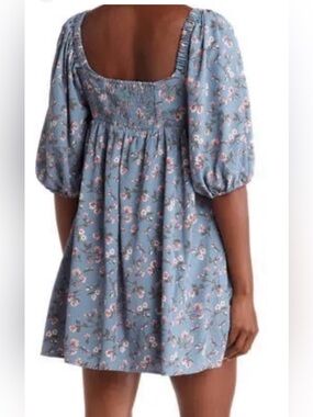 WAYF Where Are You From Dusty Blue Floral Smocked-Back Babydoll Dress S